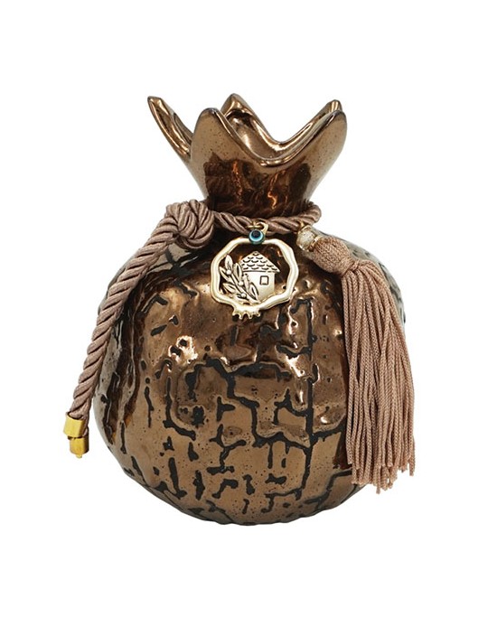 Decorated ceramic giant pomegranate bronze - craquele / brown cord 13x16cm