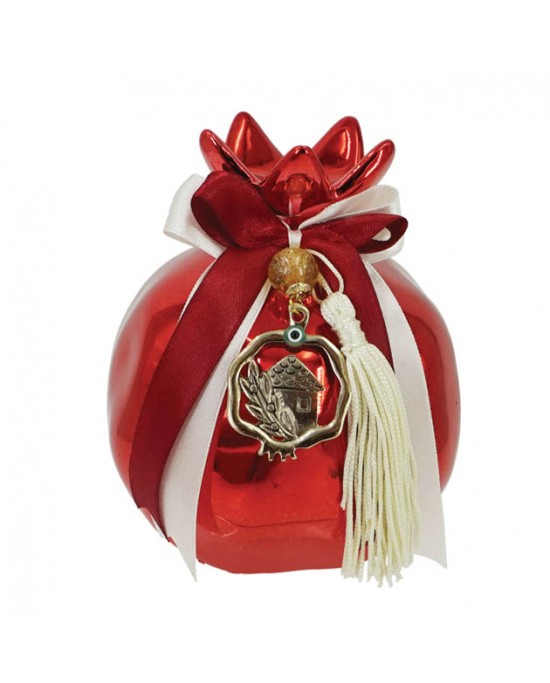 Decorated ceramic pomegranate large metalic red / cream - bordeaux ribbon 11x13cm