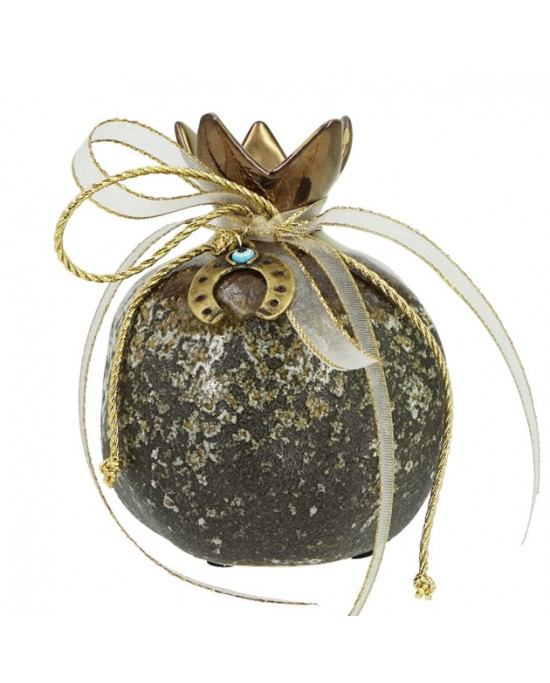 Decorated ceramic pomegranate large stone - bronze / gold cord 11x13cm