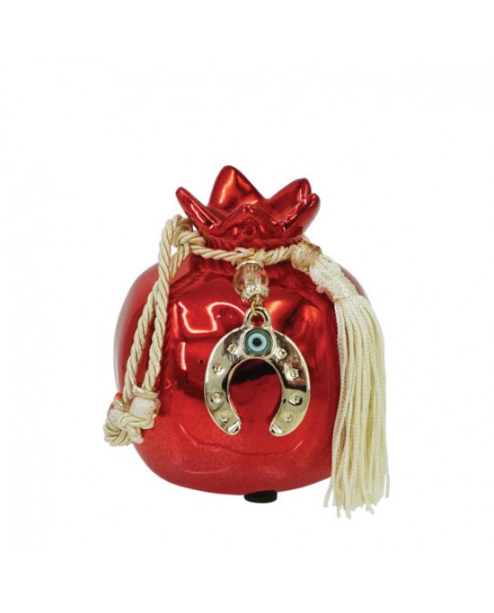 Decorated ceramic pomegranate medium metallic red / cream cord 9x10cm